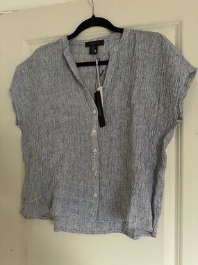 Tahari Light Blue Textured Button-Front Linen Blend Top